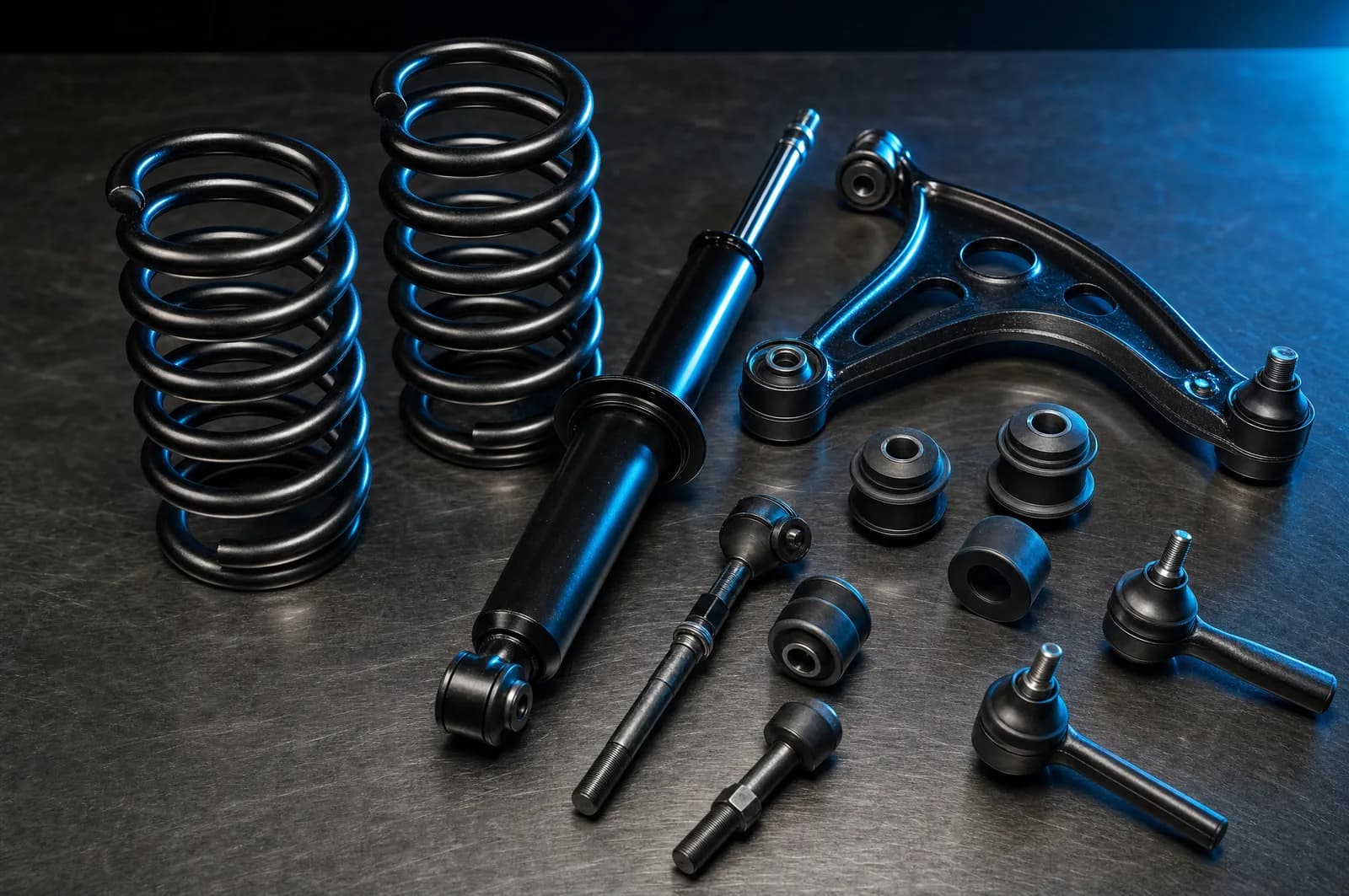 Coil springs, control arms and track rod ends laid out on a workshop bench